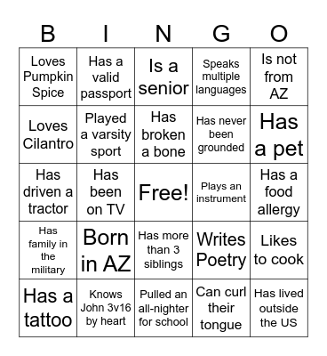 Getting to know you Bingo! Bingo Card
