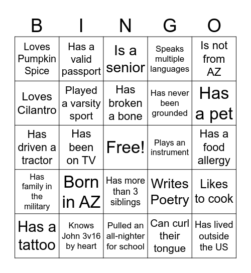Getting to know you Bingo! Bingo Card