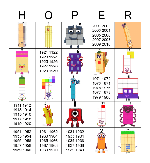 Number blocks Bingo Card
