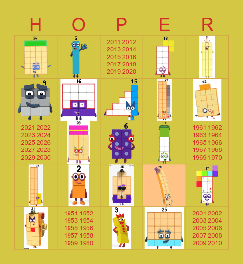 Number blocks Bingo Card