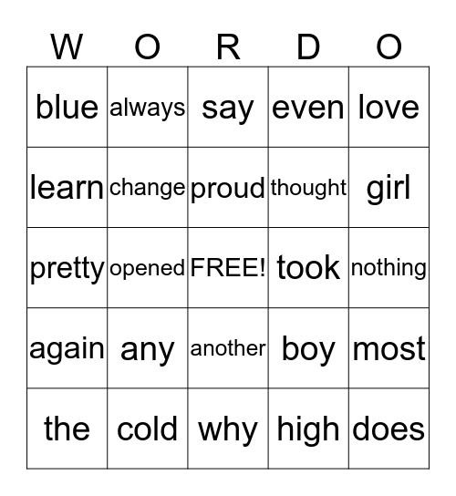 Sight Word Bing Bingo Card