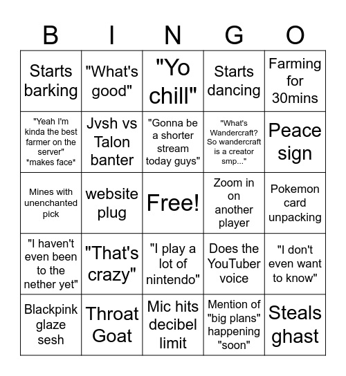 SenseiTalon Stream Bingo Card