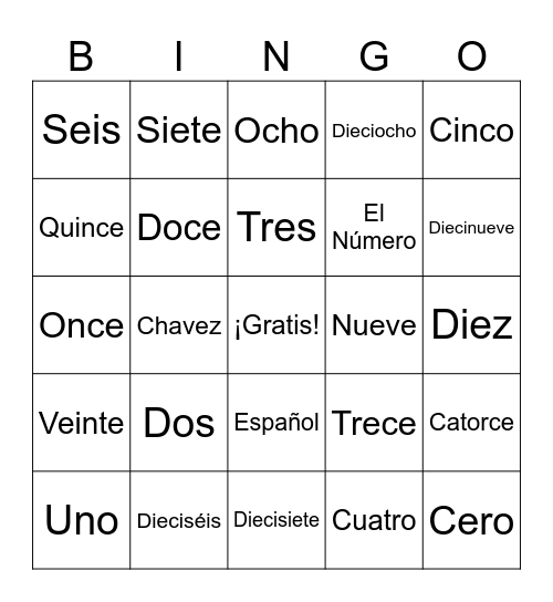 Spanish Numbers Bingo Card
