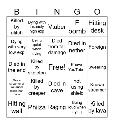 Minecraft hardcore Bingo Card