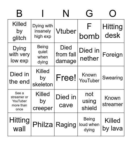 Minecraft hardcore Bingo Card