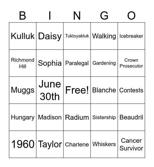1960 Duane and Cyndie Bingo Card