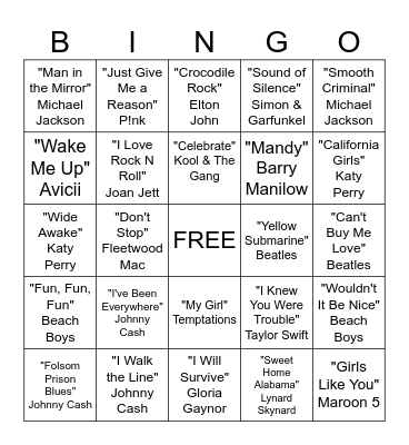 Musical Bingo Card