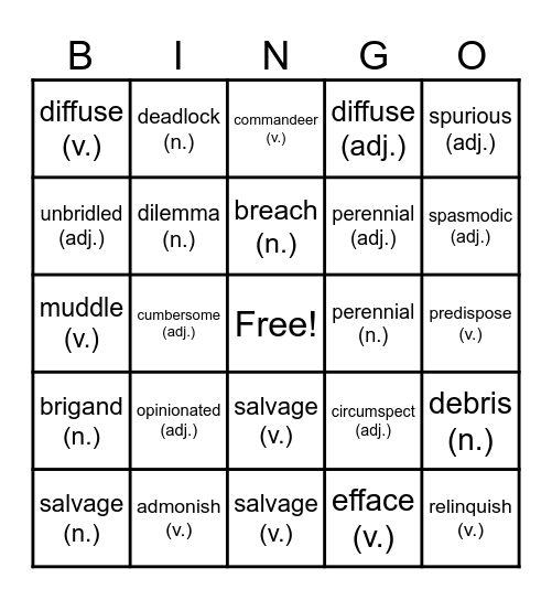 Level D, Unit 1 - Vocabulary Workshop Bingo Card