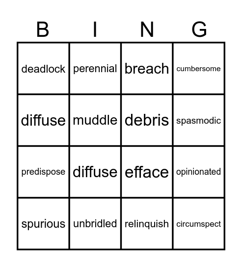 Level D, Unit 1 - Vocabulary Workshop Bingo Card