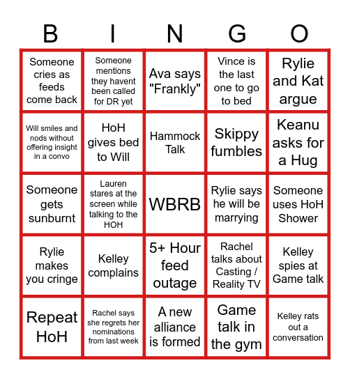 BB27 Week 7 Live Feeds Bingo Card