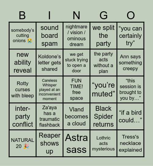 Hellraizers Session 93 Bingo Card