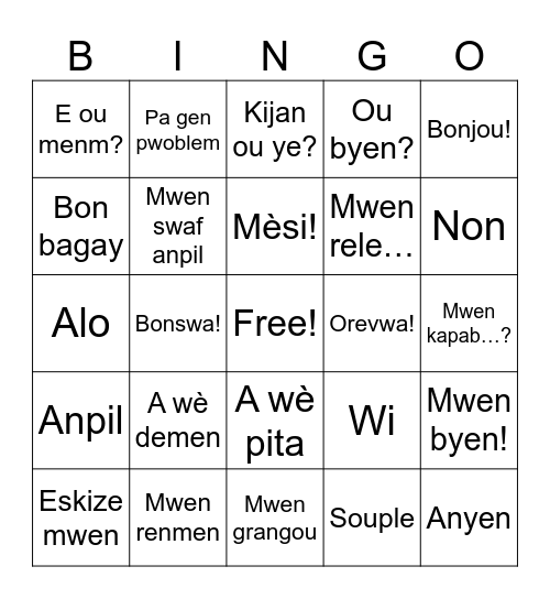 Krèyol Bingo Card
