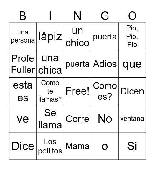 Vocabulario Bingo Card