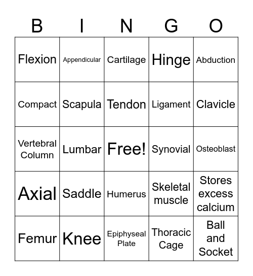 Musculoskeletal Bingo Card