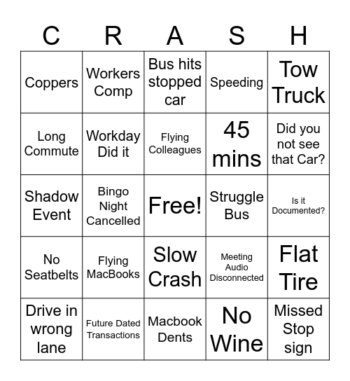 BUS CRASH Bingo Card
