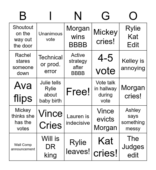 Big Brother 27 Eviction Week 6 Bingo Card