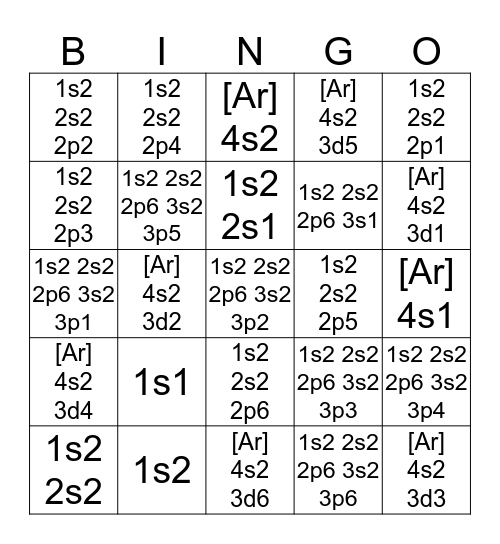 First 25 Elements: Electron Configuration Bingo Card