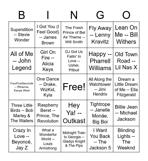 1970's R&b Music Bingo Card