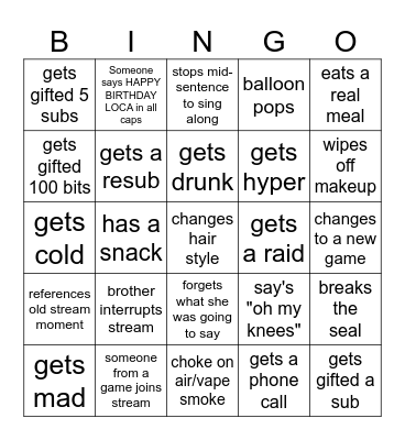 Loca's Birthday Bingo Card