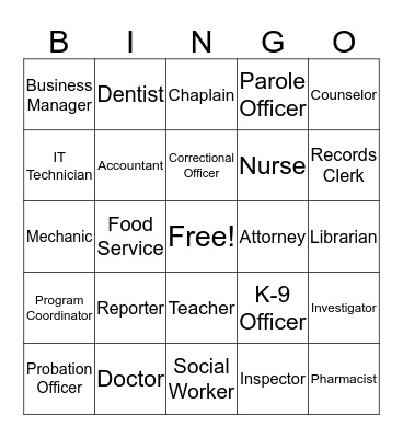 Correctional Career BINGO Card