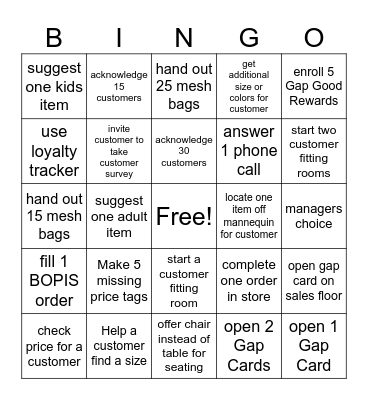 Weekend Gap Bingo Card