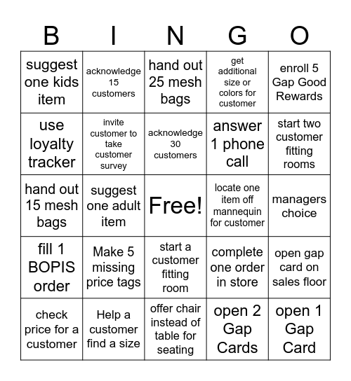 Weekend Gap Bingo Card