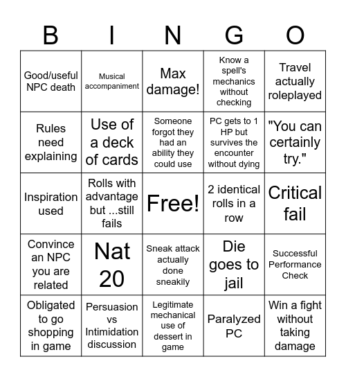 In Person D&D Bingo Card