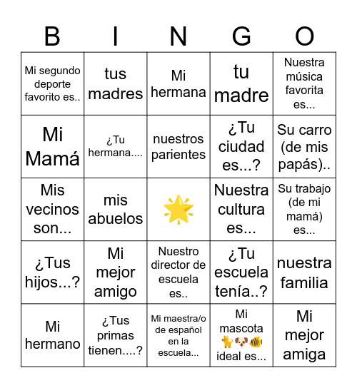 los adjetivos posesivos Bingo Card