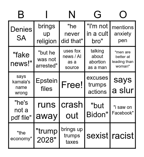 Dean/Parker Debates Bingo Card