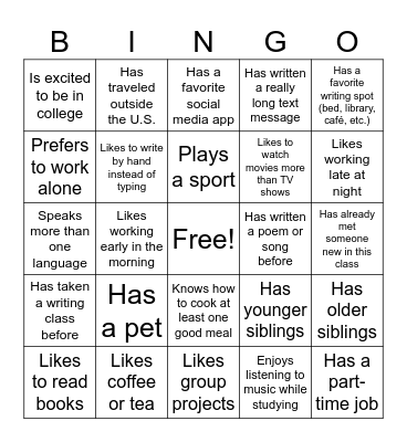 ENGLISH 101 BINGO Card