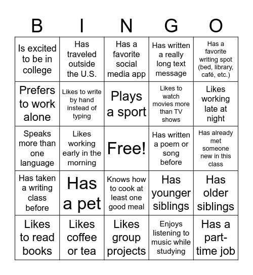 ENGLISH 101 BINGO Card