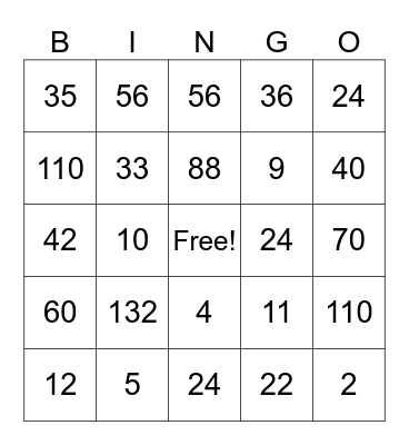 Multiplication BINGO Card