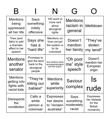 Lidia Thorpe First Speech Bingo Card