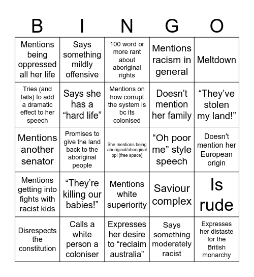 Lidia Thorpe First Speech Bingo Card