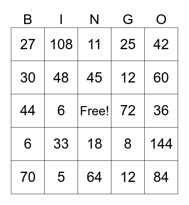 Multiplication BINGO Card