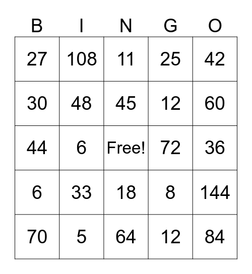 Multiplication BINGO Card