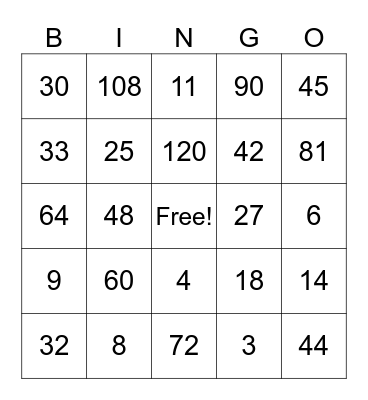 Multiplication BINGO Card