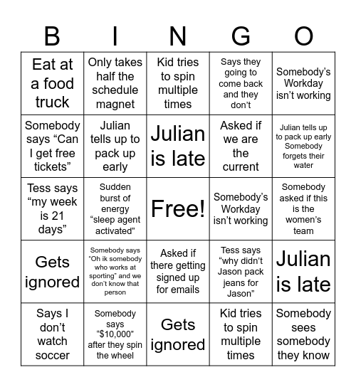Sporting Brand Ambassador Bingo Card