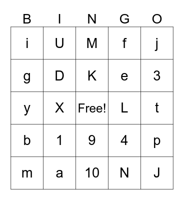 Capital & Lower Case Letters with Numbers 0-20 Bingo Card