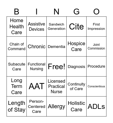 CNA Vocabulary Bingo Card