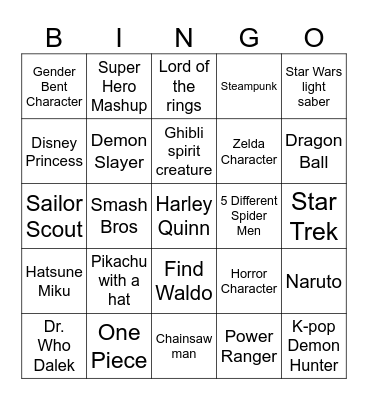 Cosplay Bingo Card