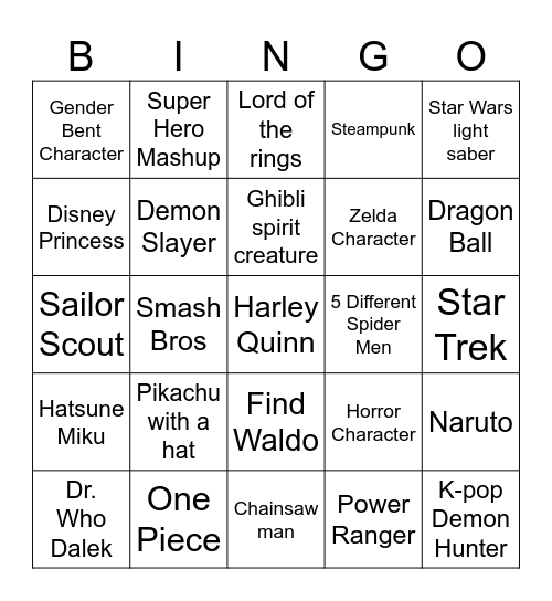 Cosplay Bingo Card