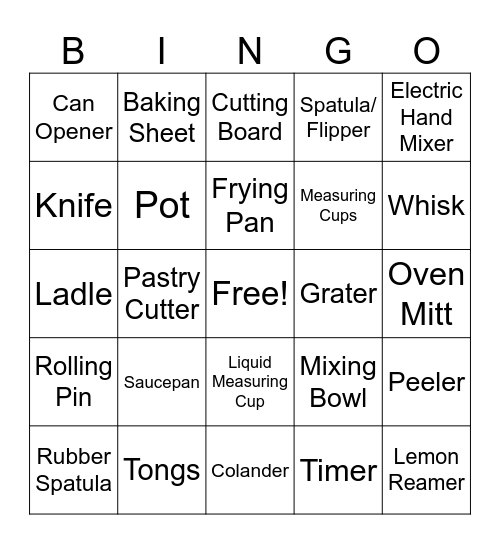 Kitchen Tool Bingo Card