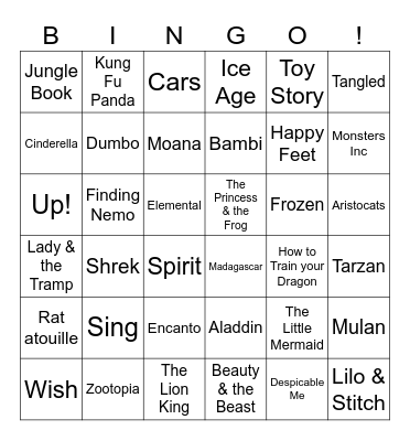 Disney/Pixar/Dreamworks Bingo Card