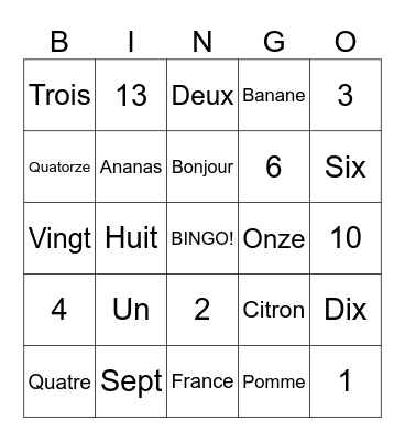 French Bingo Card