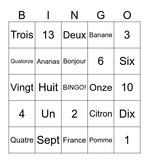 French Bingo Card