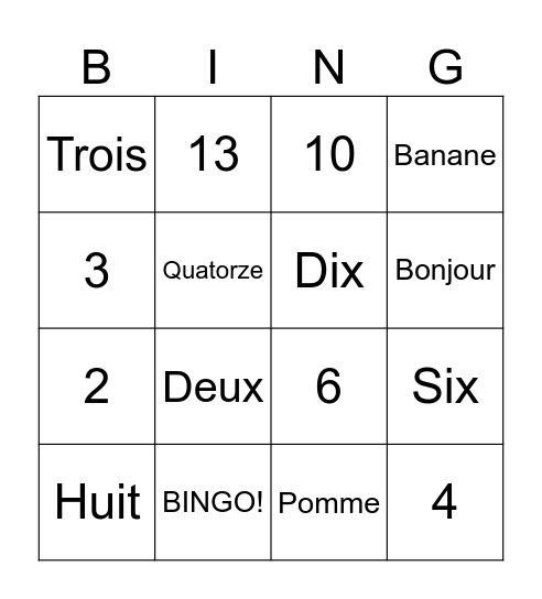 French Bingo Card