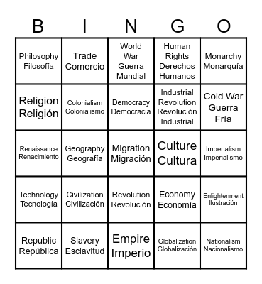 World History - Key Terms (English & Español) Bingo Card