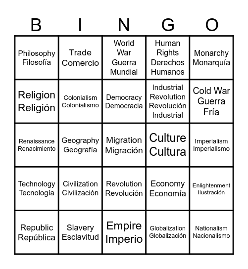 World History - Key Terms (English & Español) Bingo Card