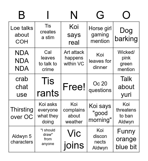 Koi Pond VC Bingo Card